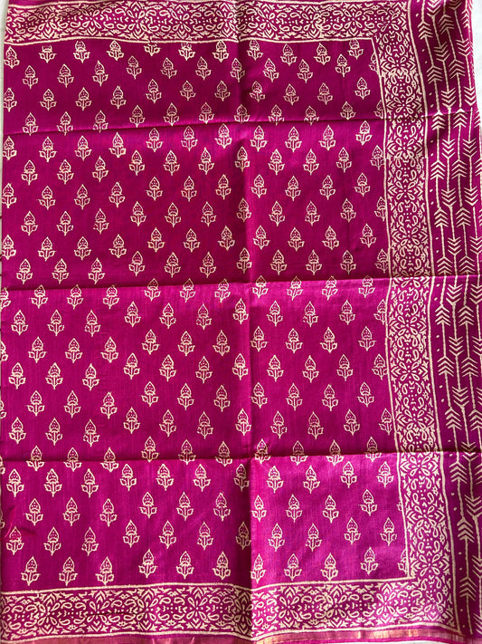 Purple Color Bagru printed Linen blended Cotton saree Mandira Silks