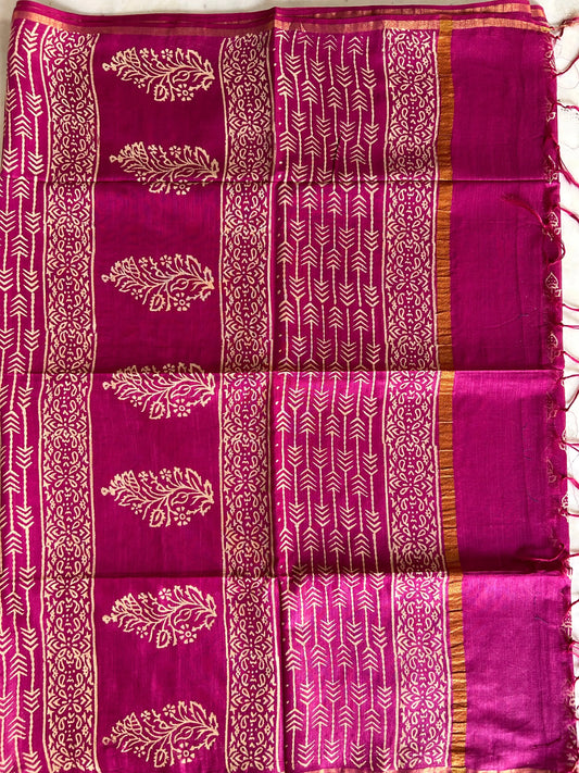 Purple Color Bagru printed Linen blended Cotton saree Mandira Silks