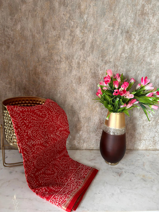 Red Color Pure Kota cotton saree with Bagru Print Mandira Silks