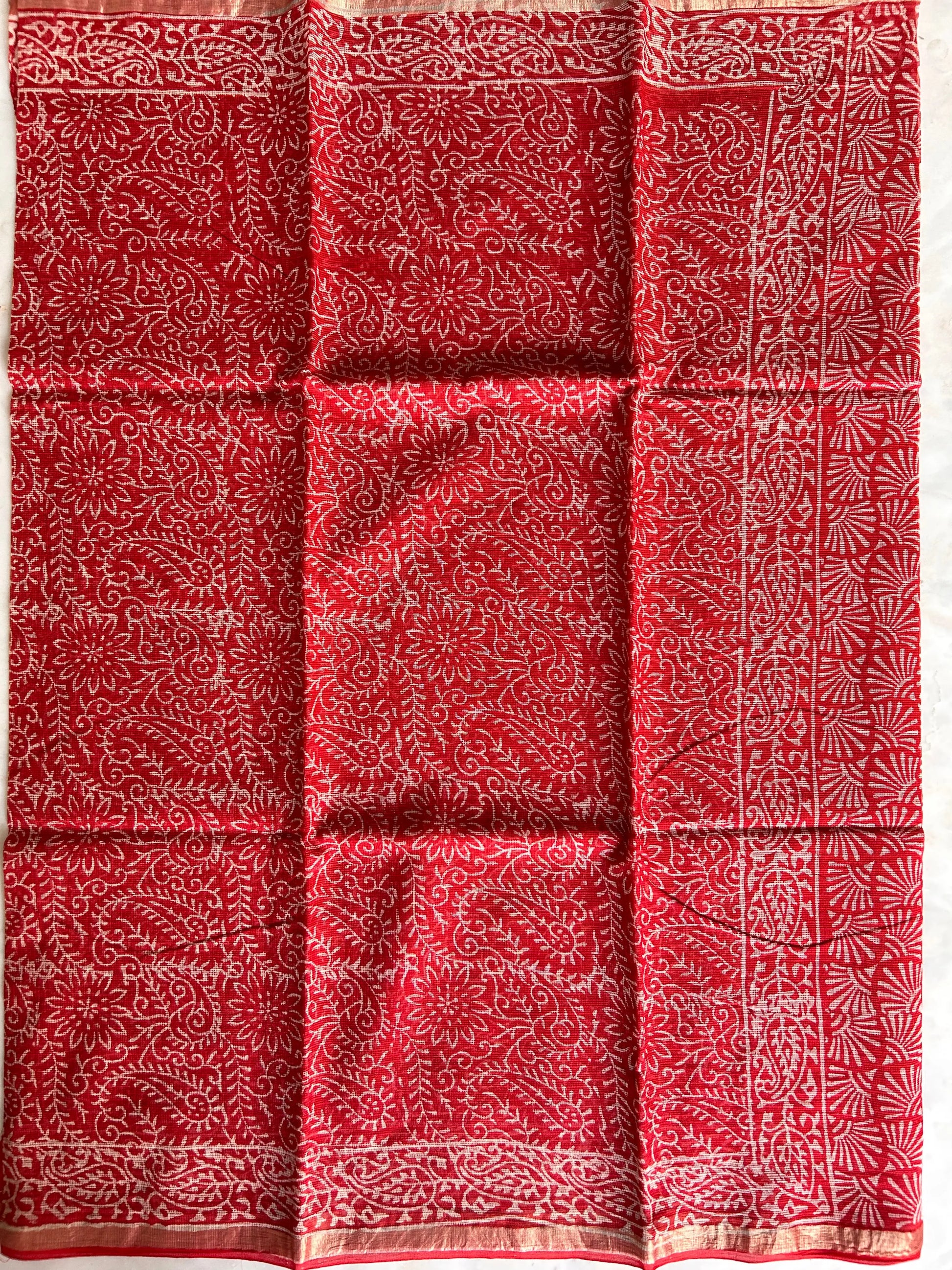 Red Color Pure Kota cotton saree with Bagru Print Mandira Silks