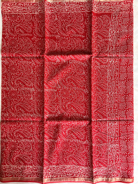 Red Color Pure Kota cotton saree with Bagru Print Mandira Silks