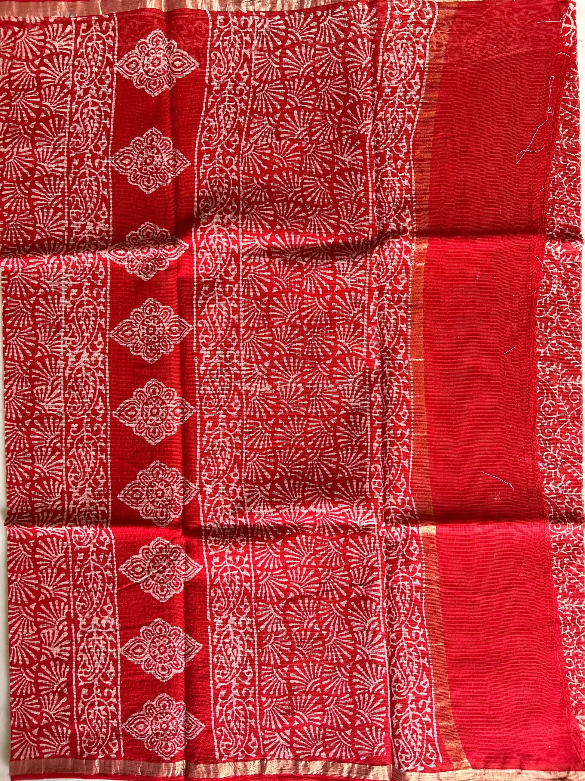 Red Color Pure Kota cotton saree with Bagru Print Mandira Silks
