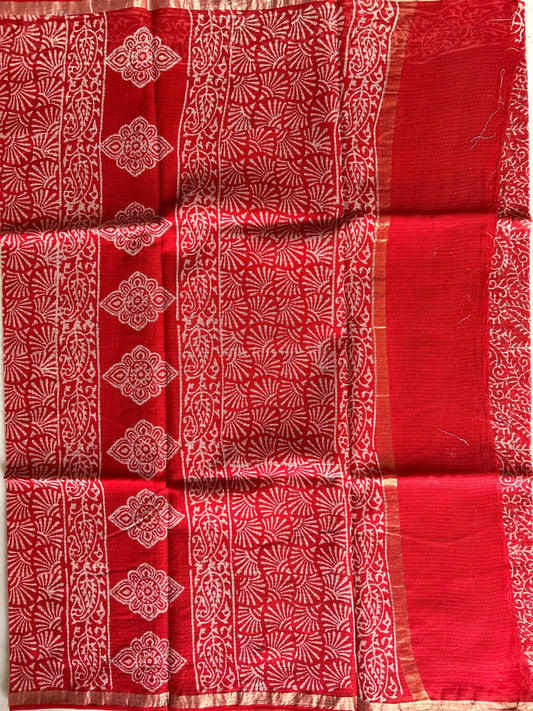 Red Color Pure Kota cotton saree with Bagru Print Mandira Silks