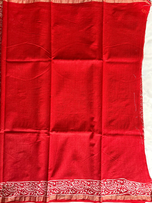 Red Color Pure Kota cotton saree with Bagru Print Mandira Silks