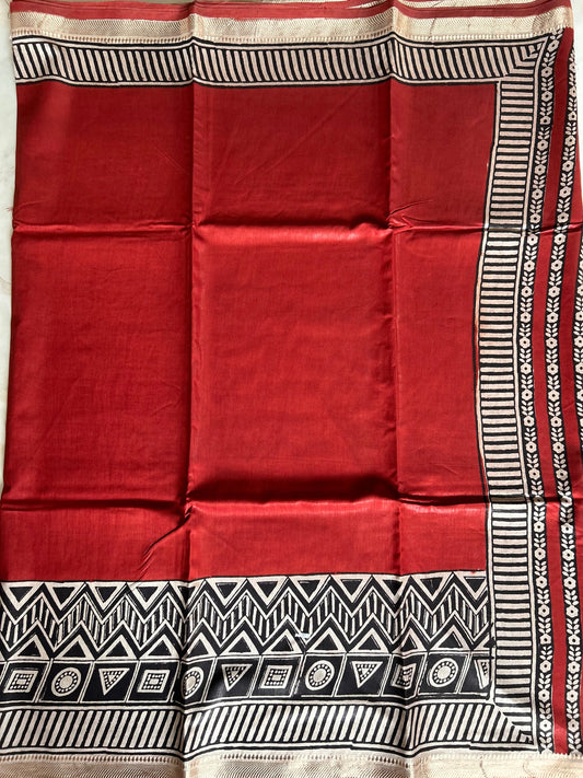 Red and Black combo color Bagru Printed Chanderi Blended Cotton Saree with Maheswari Border Mandira Silks