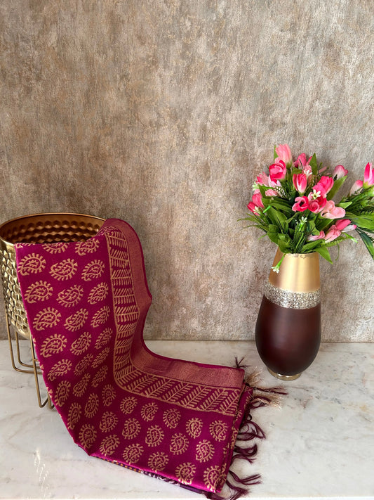 Pink and Purple Bafta Tussar Block Printed Saree Mandira Silks