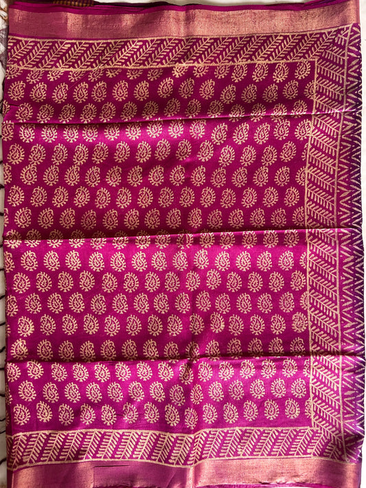 Pink and Purple Bafta Tussar Block Printed Saree Mandira Silks