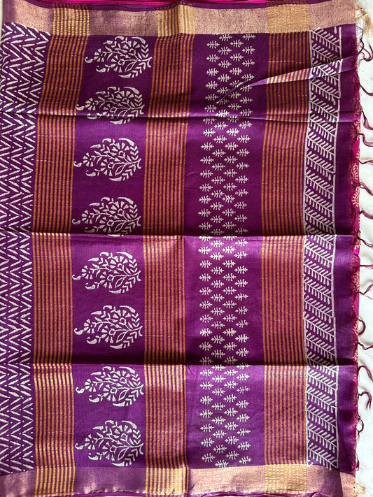 Pink and Purple Bafta Tussar Block Printed Saree Mandira Silks