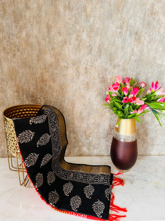 Black and Red Bafta Tussar Block Printed Saree Mandira Silks