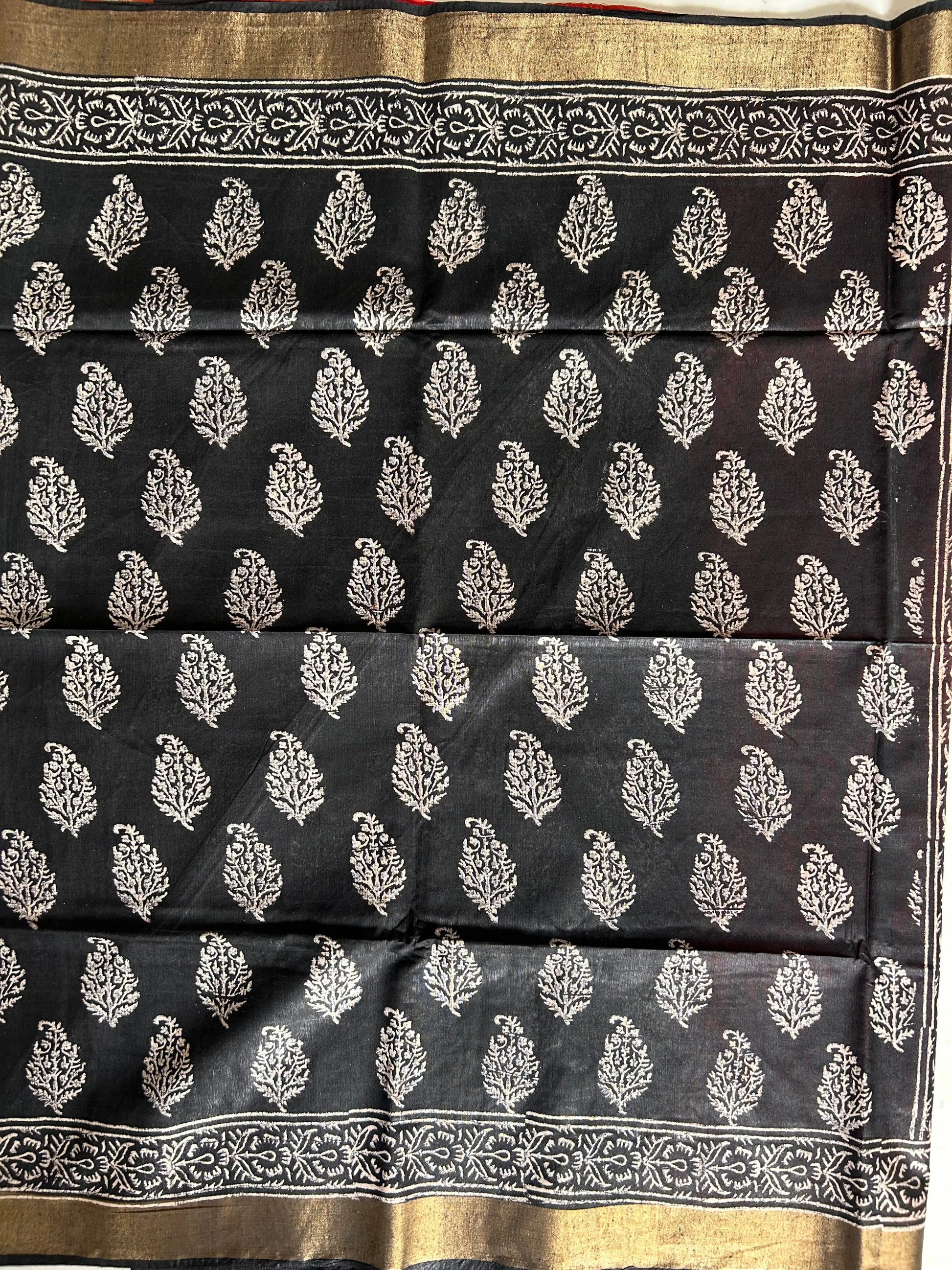 Black and Red Bafta Tussar Block Printed Saree Mandira Silks
