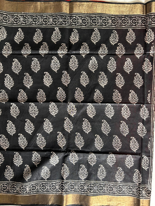 Black and Red Bafta Tussar Block Printed Saree Mandira Silks