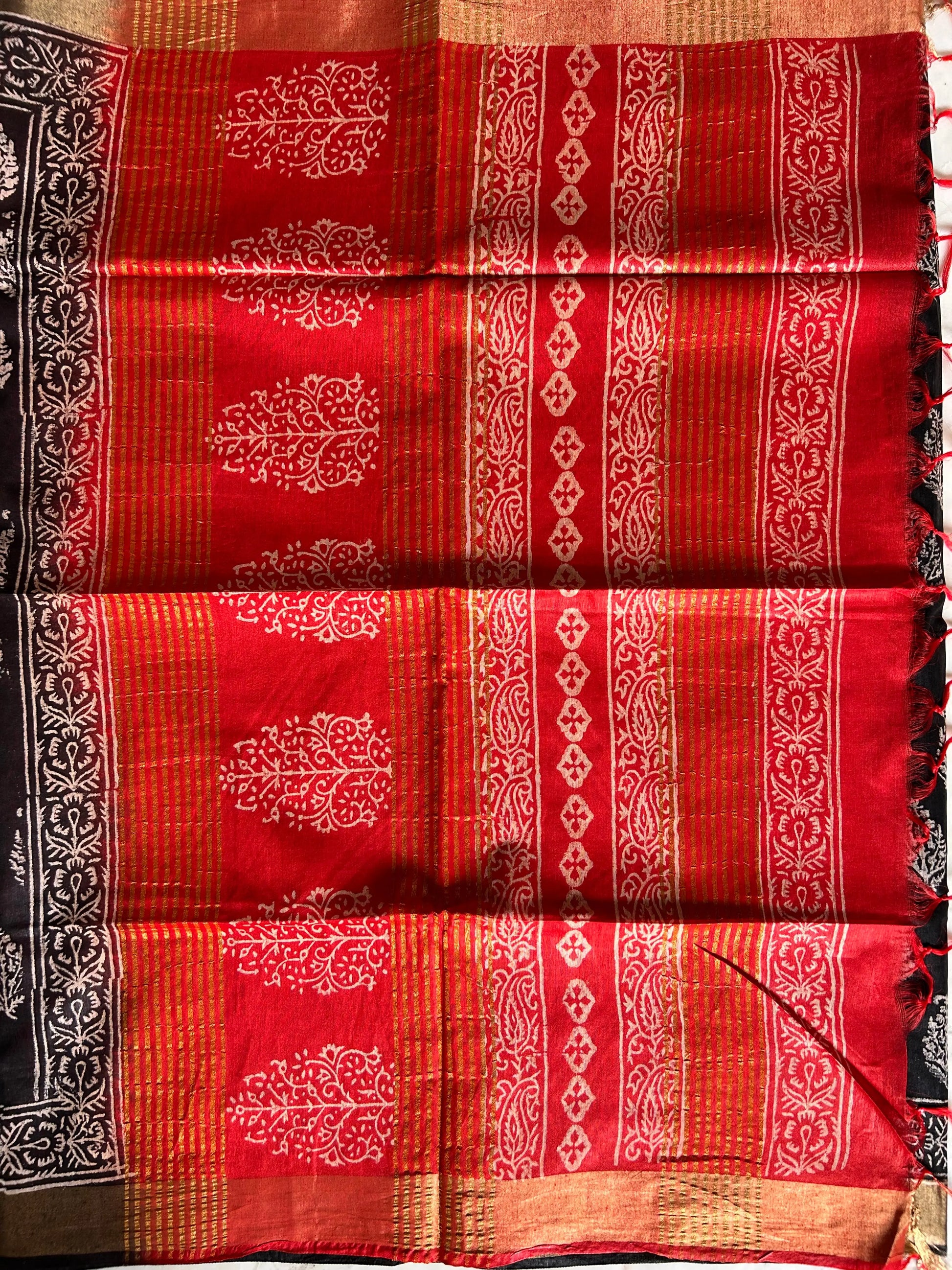 Black and Red Bafta Tussar Block Printed Saree Mandira Silks