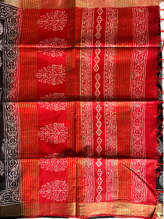 Black and Red Bafta Tussar Block Printed Saree Mandira Silks