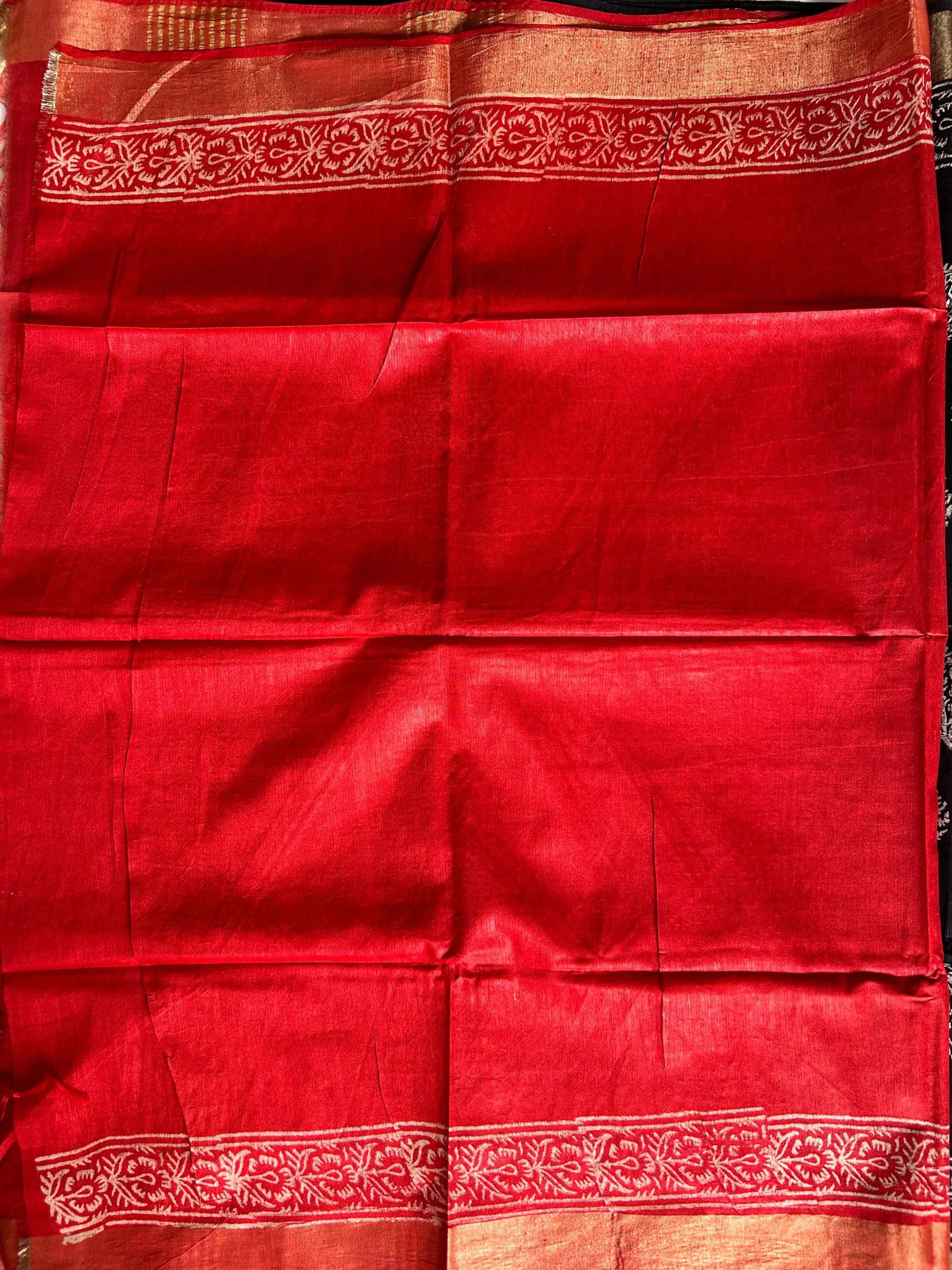 Black and Red Bafta Tussar Block Printed Saree Mandira Silks