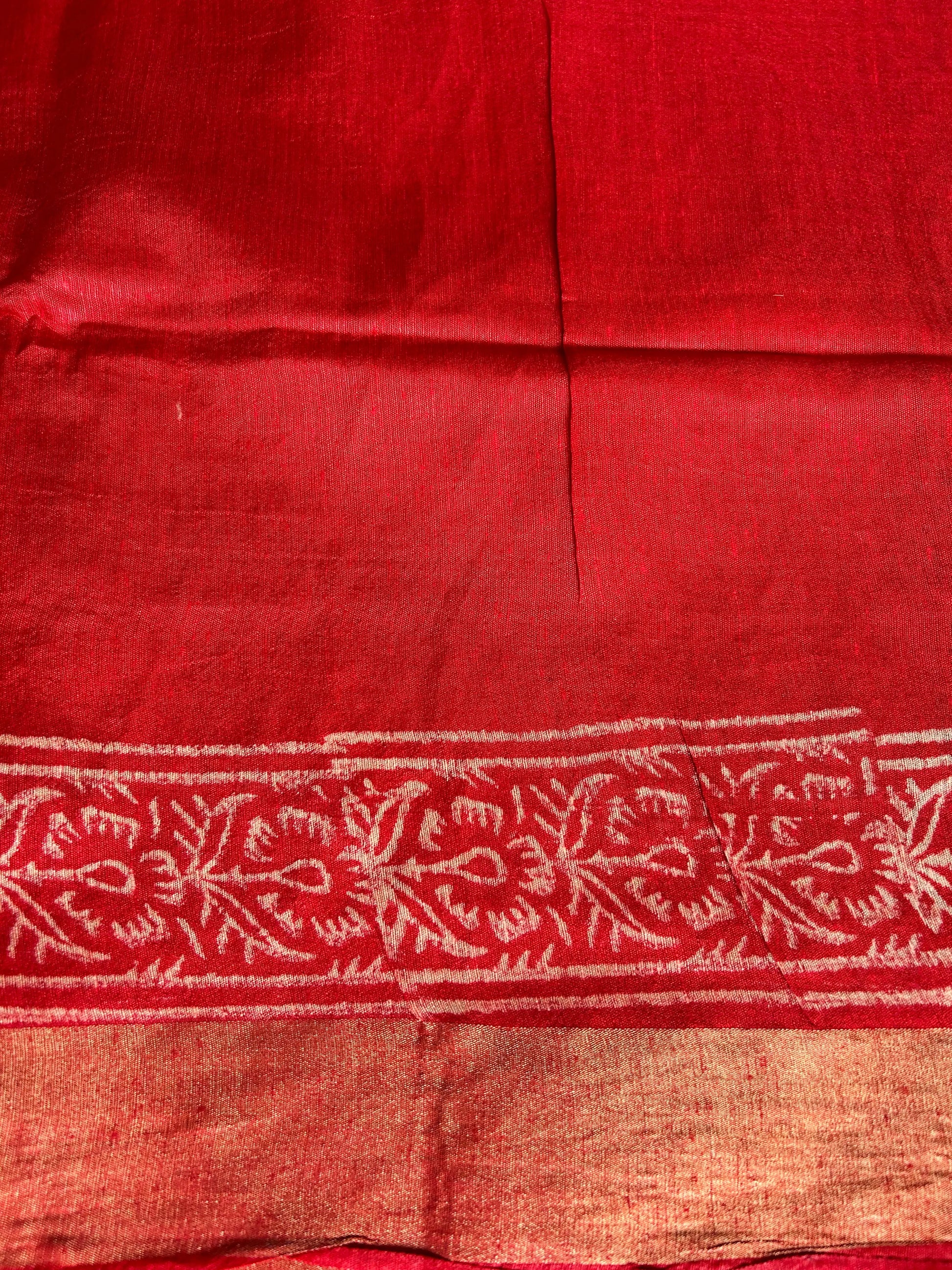 Black and Red Bafta Tussar Block Printed Saree Mandira Silks