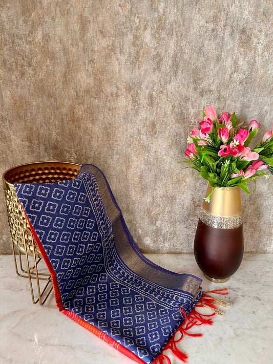 Blue and Red Bafta Tussar Block Printed Saree Mandira Silks