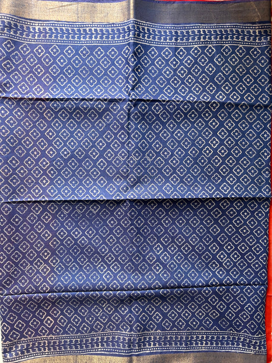 Blue and Red Bafta Tussar Block Printed Saree Mandira Silks