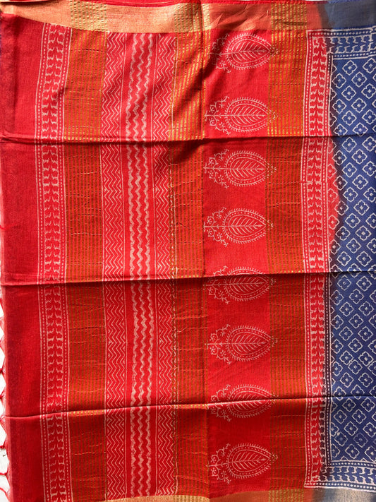 Blue and Red Bafta Tussar Block Printed Saree Mandira Silks
