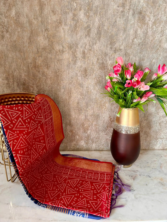 Red and Blue Bafta Tussar Block Printed Saree Mandira Silks