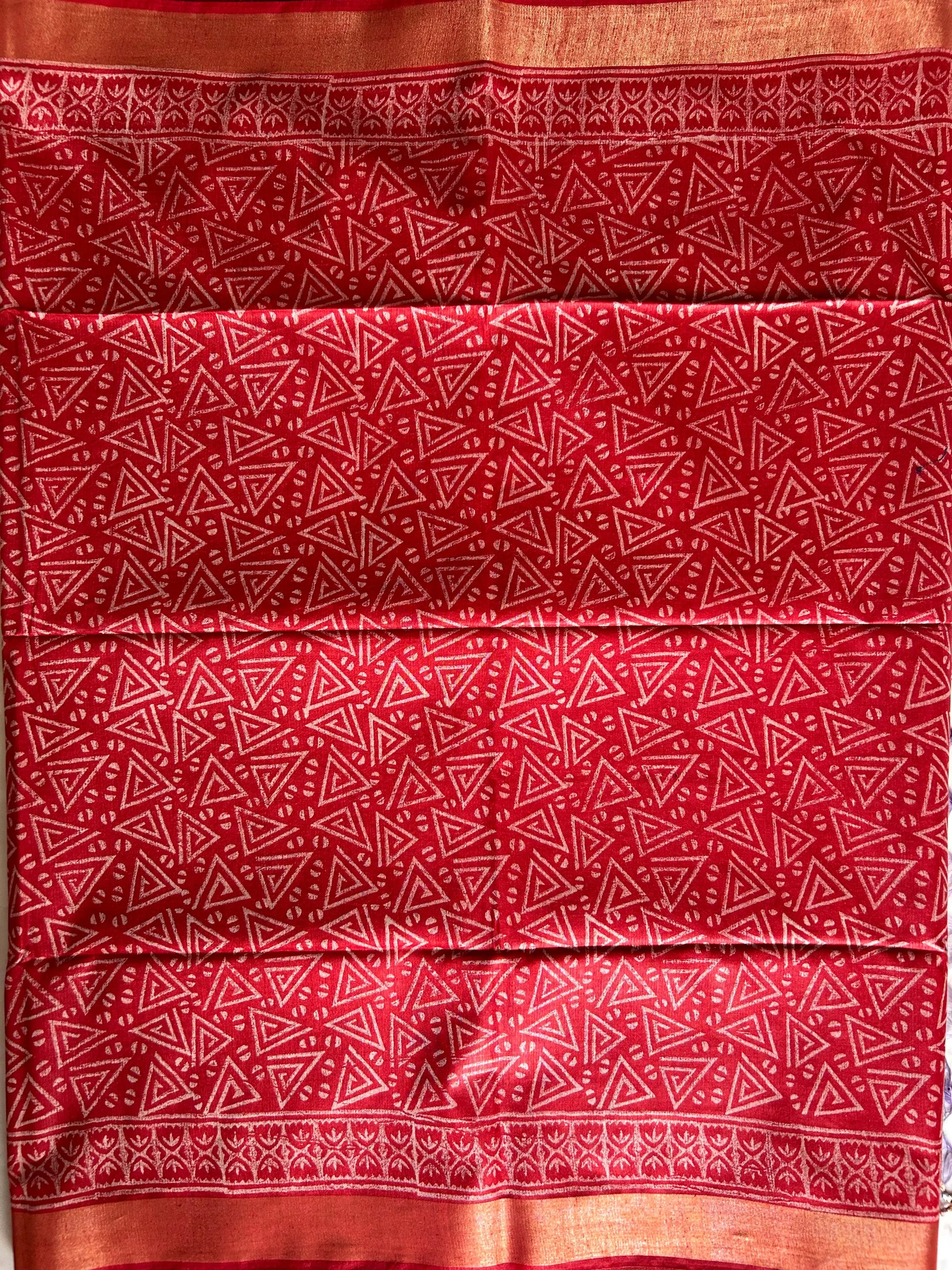 Red and Blue Bafta Tussar Block Printed Saree Mandira Silks