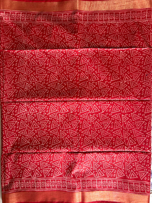 Red and Blue Bafta Tussar Block Printed Saree Mandira Silks