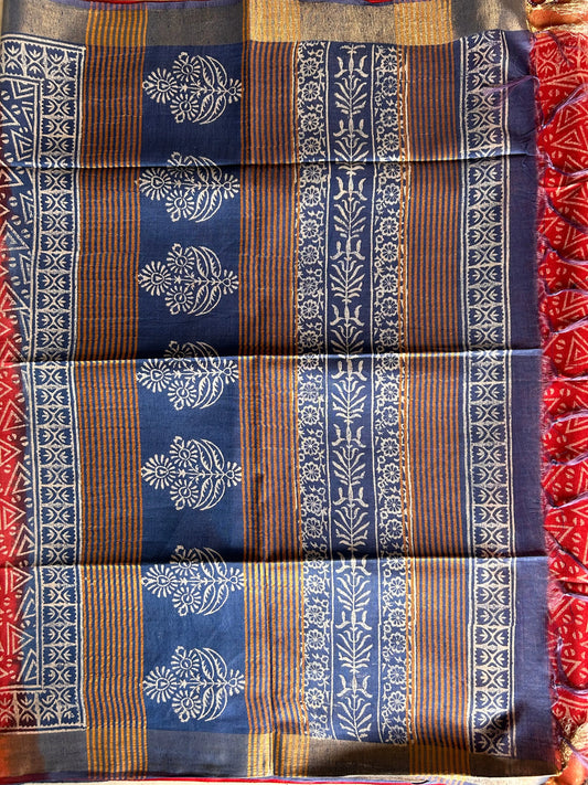 Red and Blue Bafta Tussar Block Printed Saree Mandira Silks