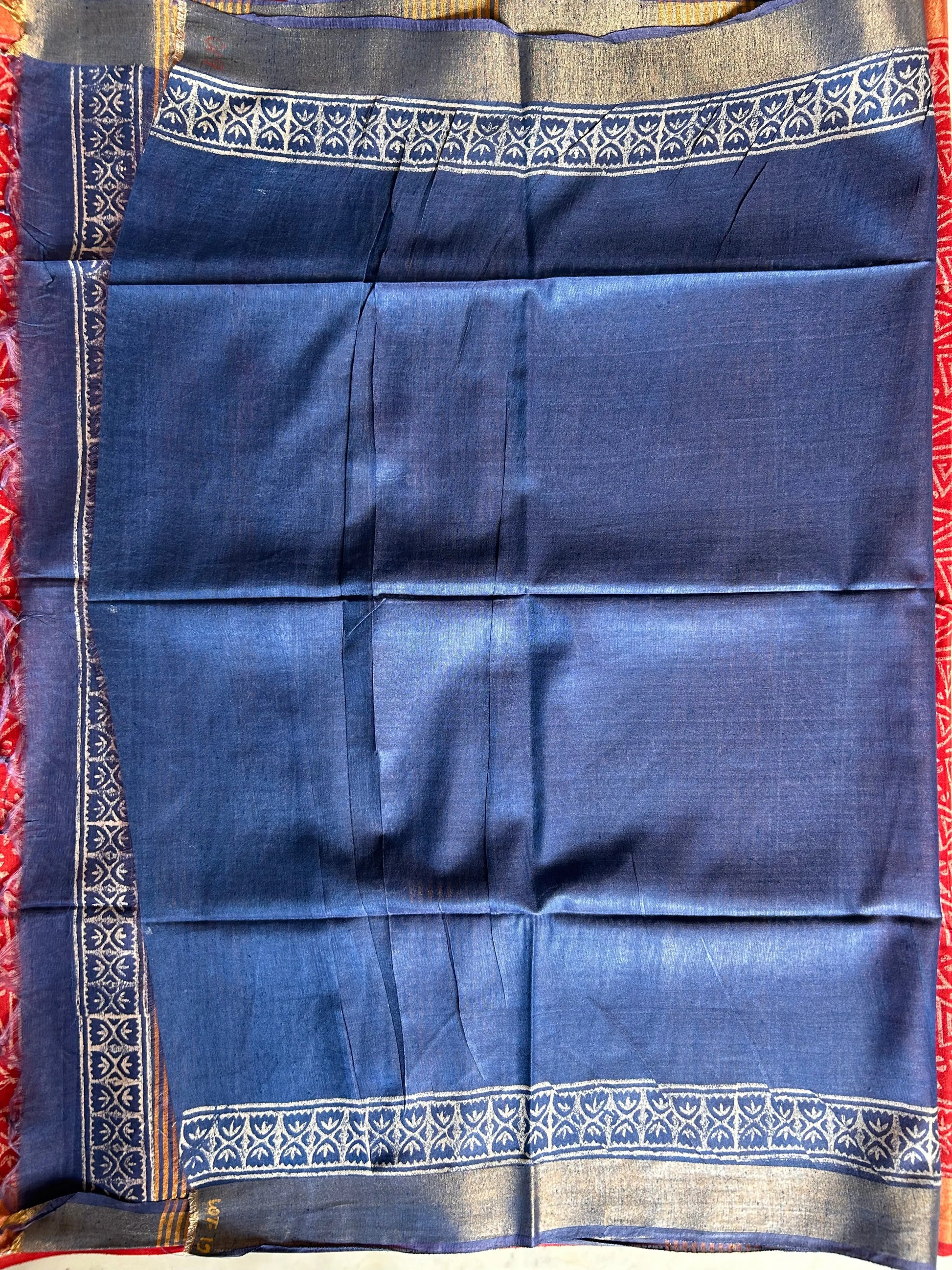 Red and Blue Bafta Tussar Block Printed Saree Mandira Silks