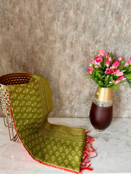 Green and Red Bafta Tussar Block Printed Saree Mandira Silks