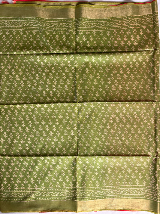 Green and Red Bafta Tussar Block Printed Saree Mandira Silks