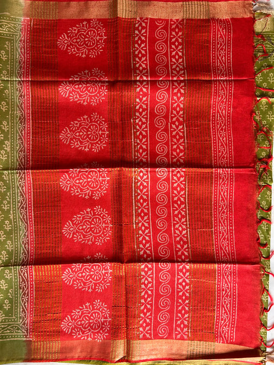 Green and Red Bafta Tussar Block Printed Saree Mandira Silks