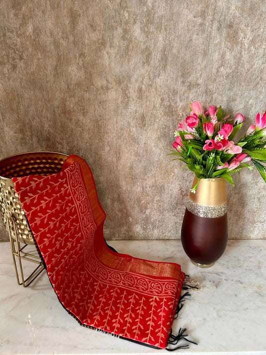 Red and Black Bafta Tussar Block Printed Saree Mandira Silks