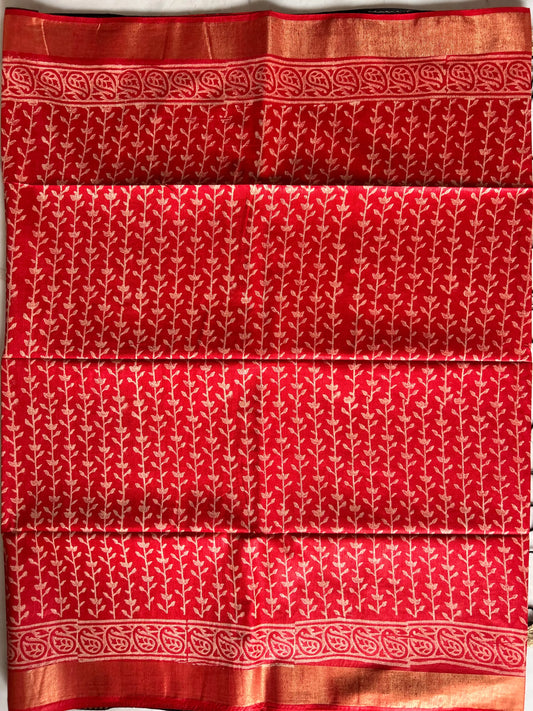 Red and Black Bafta Tussar Block Printed Saree Mandira Silks