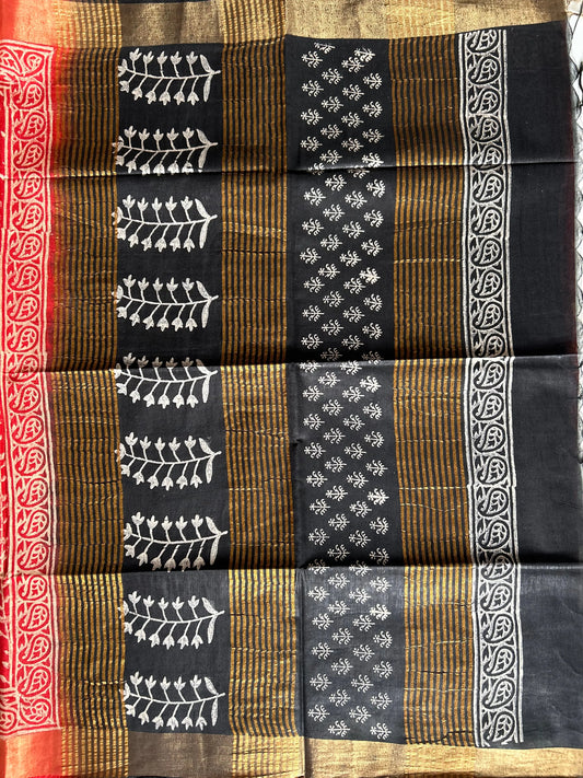 Red and Black Bafta Tussar Block Printed Saree Mandira Silks