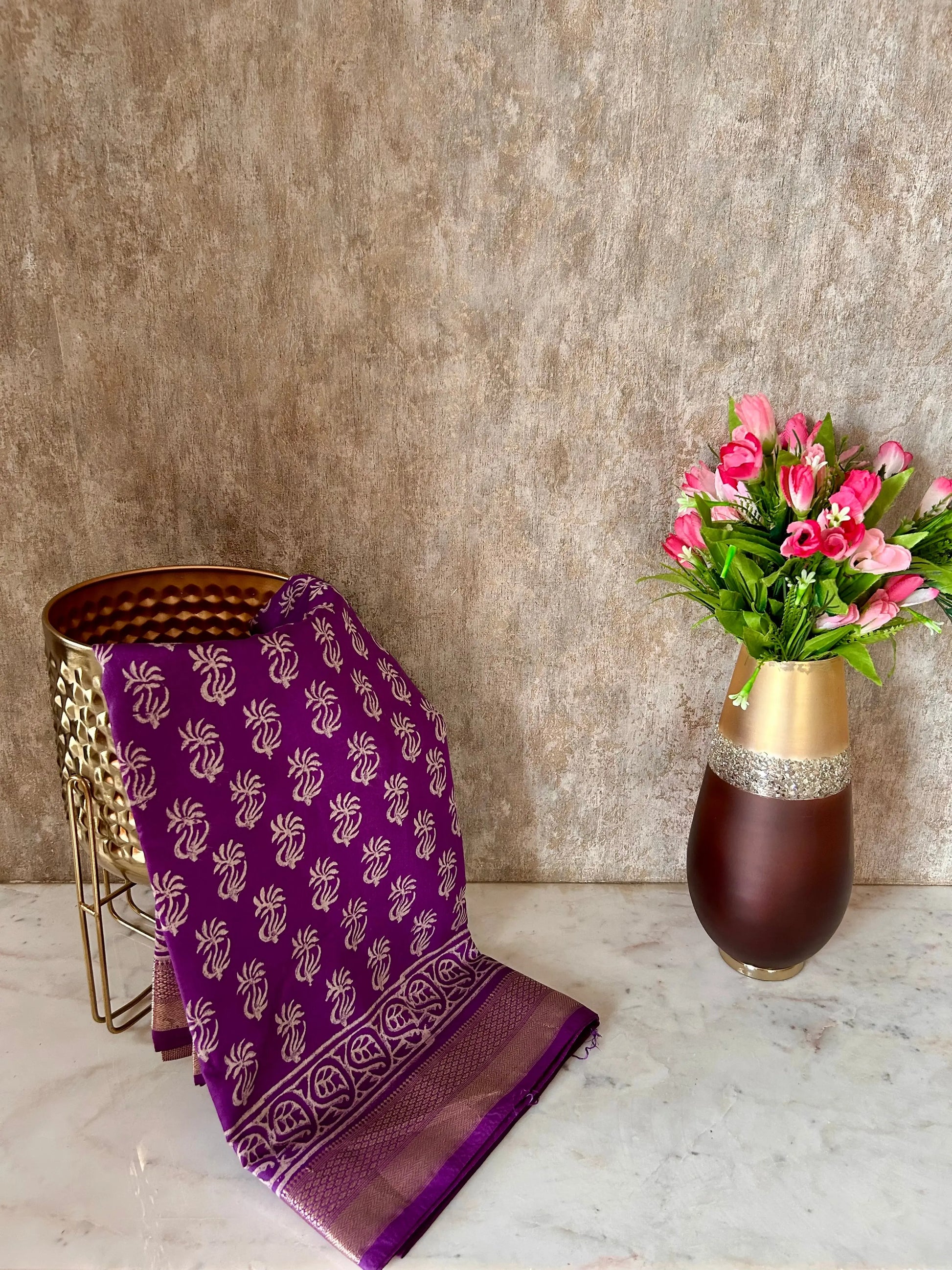 Purple Color  Art silk blended Chanderi Cotton Saree with Bagru print Mandira Silks