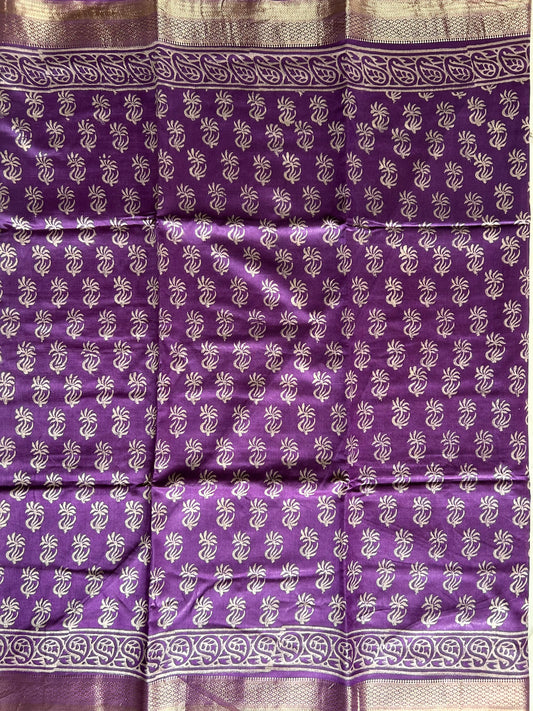 Purple Color  Art silk blended Chanderi Cotton Saree with Bagru print Mandira Silks