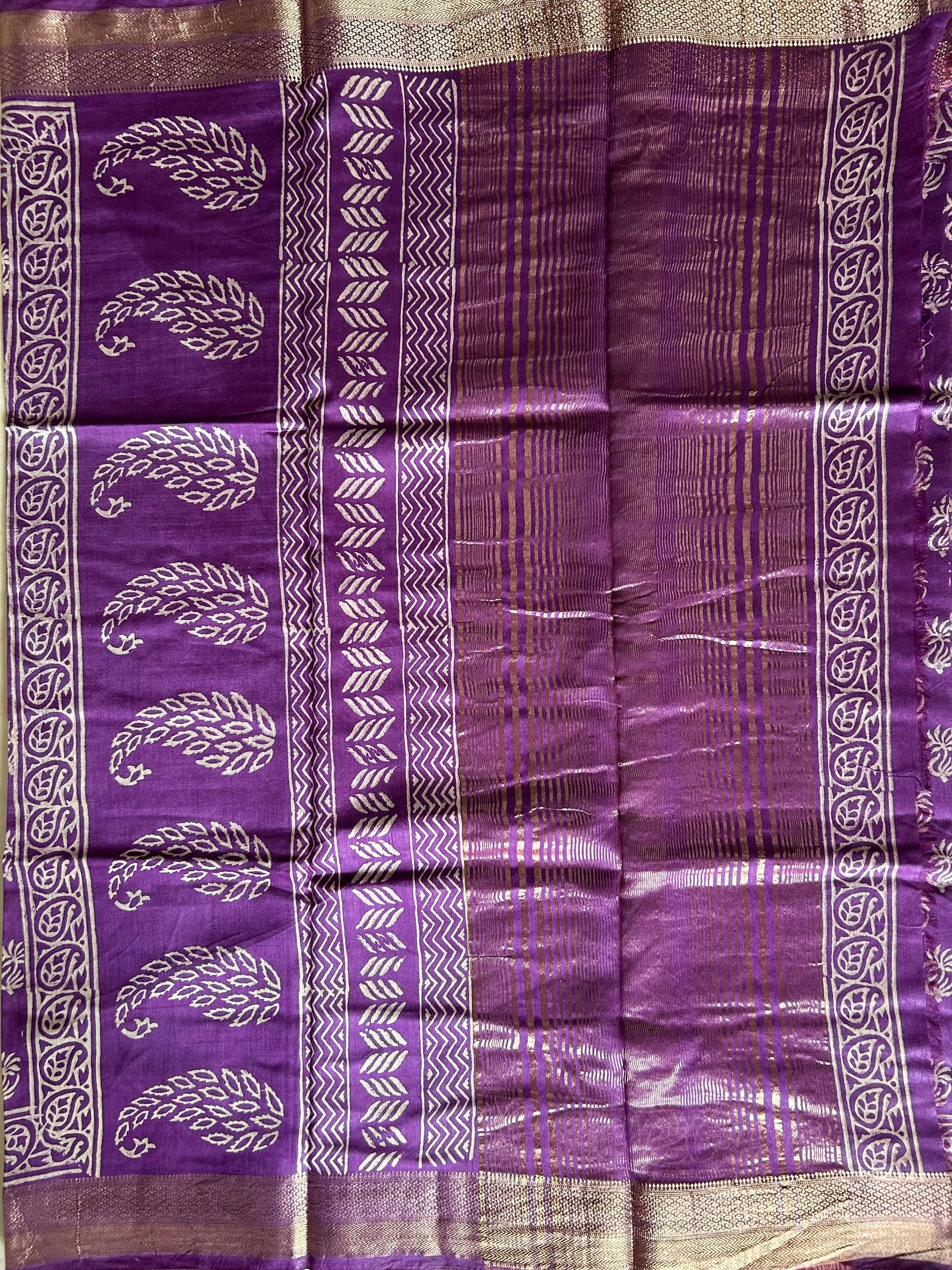 Purple Color  Art silk blended Chanderi Cotton Saree with Bagru print Mandira Silks