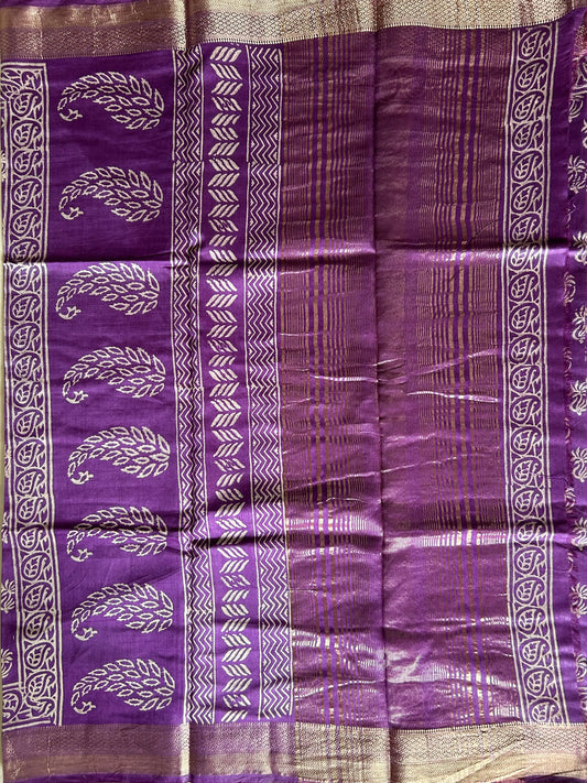 Purple Color  Art silk blended Chanderi Cotton Saree with Bagru print Mandira Silks