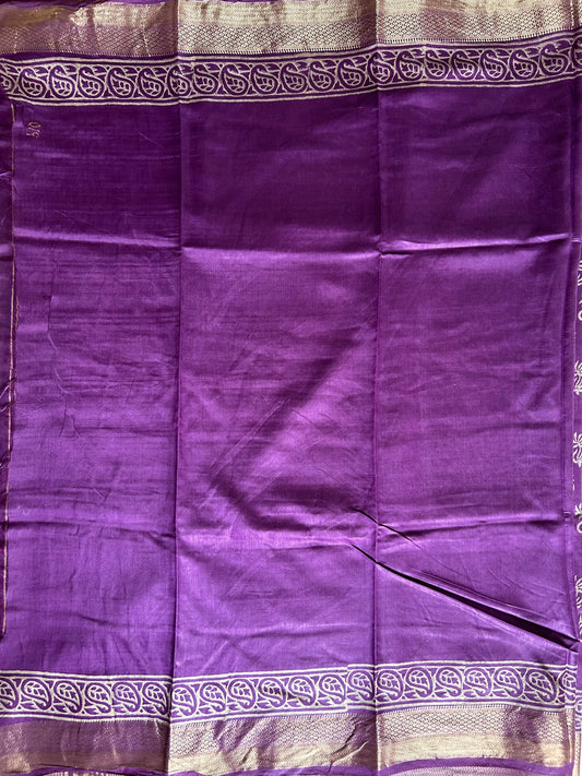 Purple Color  Art silk blended Chanderi Cotton Saree with Bagru print Mandira Silks