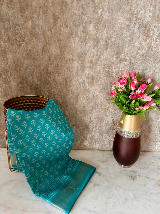 Blue ColorBagru Printed Chanderi Cotton Saree – Handcrafted Ethnic Elegance Mandira Silks