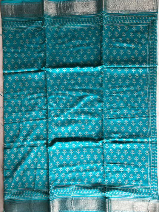 Blue ColorBagru Printed Chanderi Cotton Saree – Handcrafted Ethnic Elegance Mandira Silks