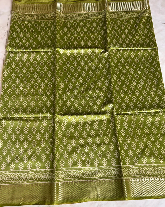 Green Color Art silk blended Chanderi Cotton Saree with Bagru print Mandira Silks