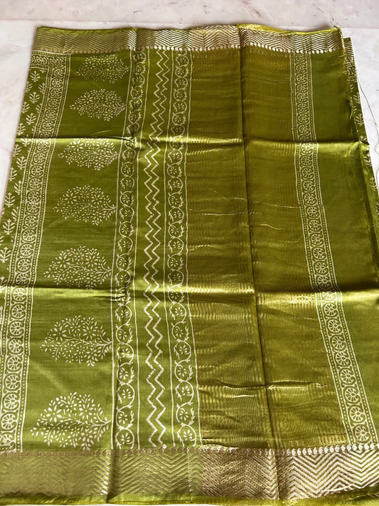Green Color Art silk blended Chanderi Cotton Saree with Bagru print Mandira Silks