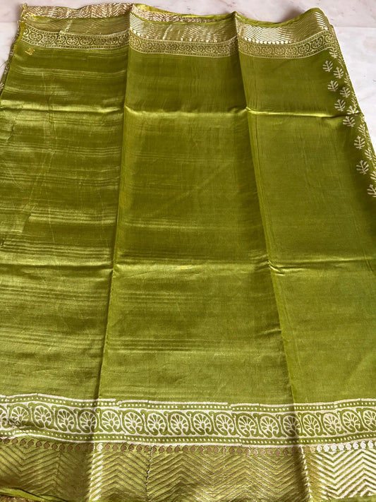 Green Color Art silk blended Chanderi Cotton Saree with Bagru print Mandira Silks