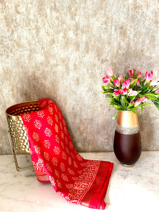 Red Color Bagru printed Chanderi Cotton Saree Mandira Silks