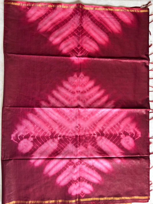 Maroon pink Shibori printed Cotton Saree Mandira Silks
