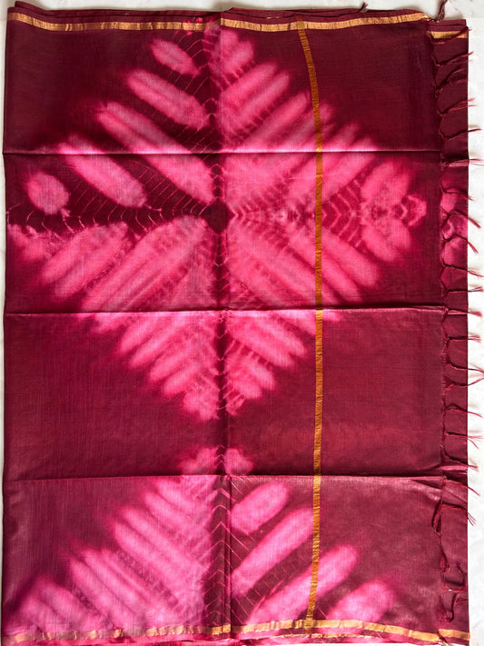 Maroon pink Shibori printed Cotton Saree Mandira Silks