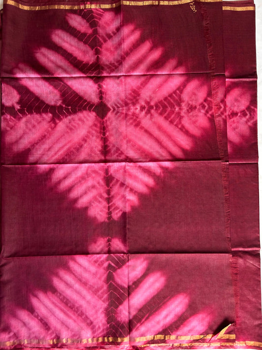 Maroon pink Shibori printed Cotton Saree Mandira Silks