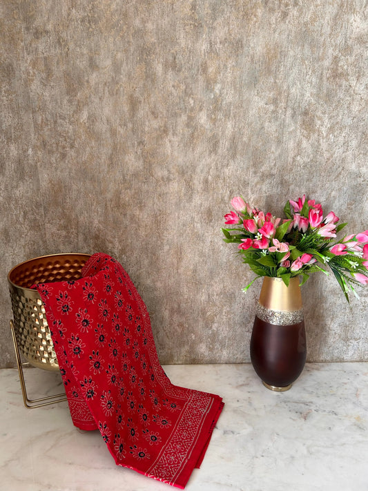 Red Color Pure Cotton Saree with Bagru Print Mandira Silks