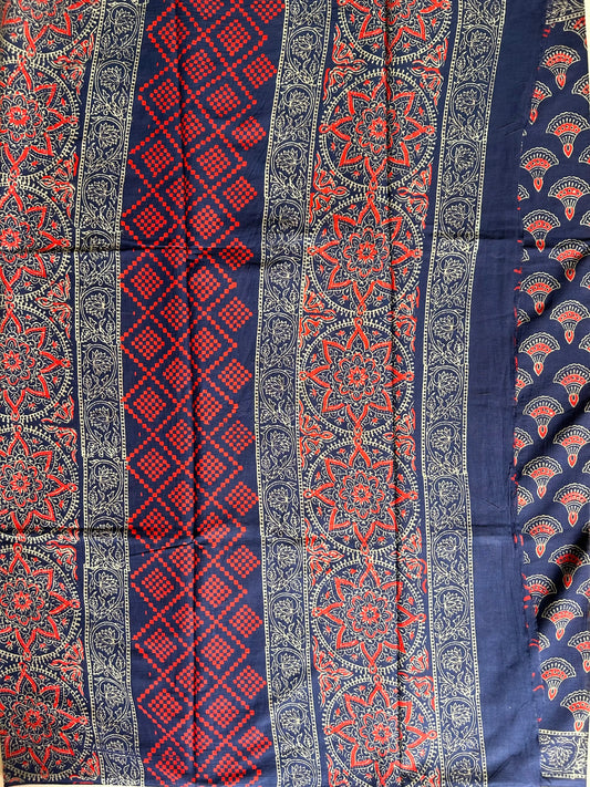 Indigo Blue Color Bagru Printed Mul Cotton Saree Mandira Silks