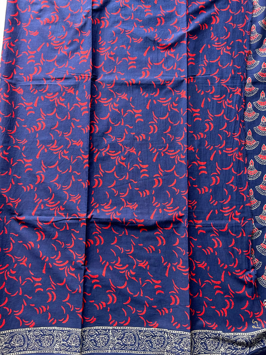 Indigo Blue Color Bagru Printed Mul Cotton Saree Mandira Silks